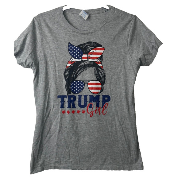 Trump Girl Messy Bun Trump 2024 Election US Flag Gift Womens M T-Shirt Gray B14 - Picture 1 of 5